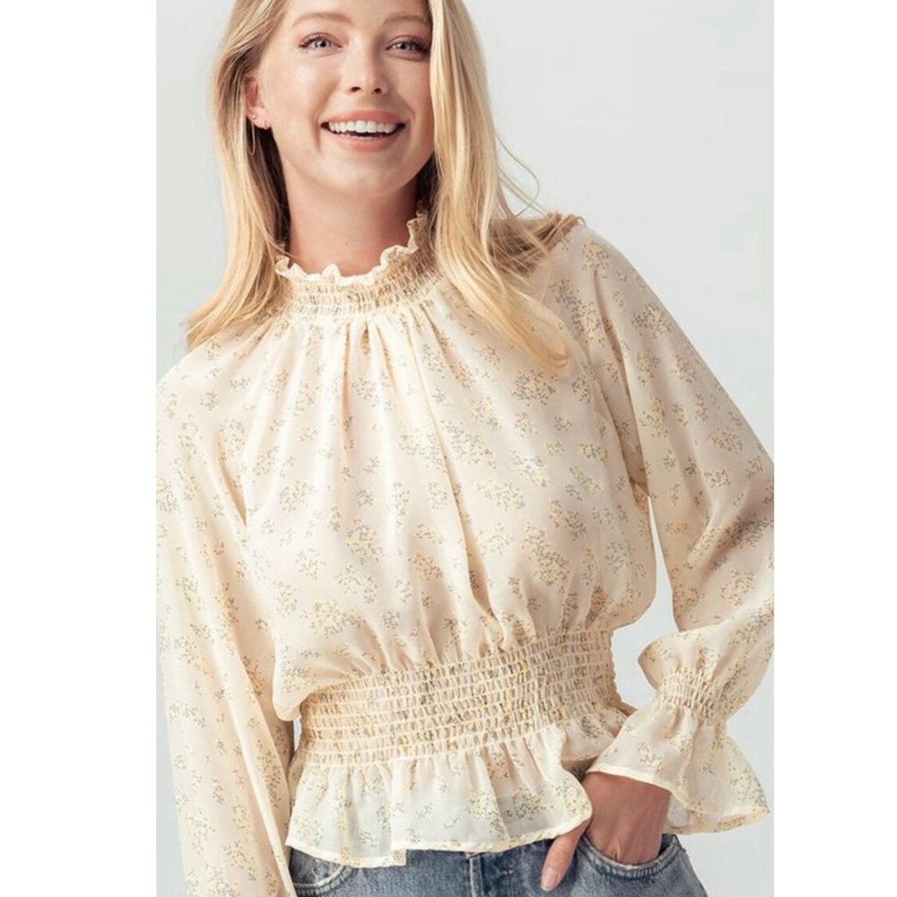 Floral print long sleeve mock neck top romantic style - Picture 3 of 12
